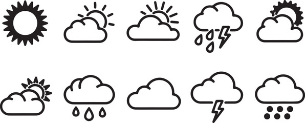Obraz premium Collection of weather icons including sun, clouds, rain, and lightning