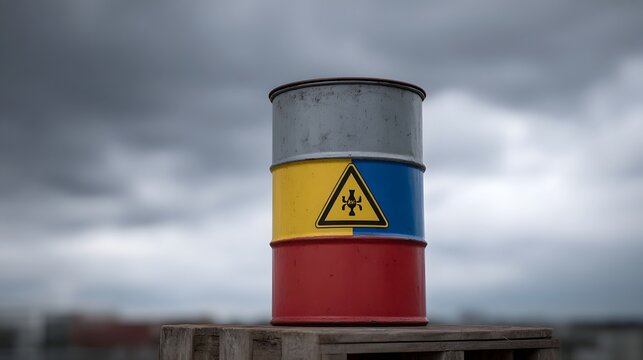 A weathered metal barrel with a biohazard warning symbol set against an overcast sky