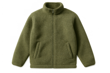 Green fleece wool jacket with zipper closure and high collar, warm outerwear for cold weather