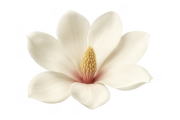 Magnolia flower opening, revealing soft white petals and central reproductive structure, cutout on transparent background