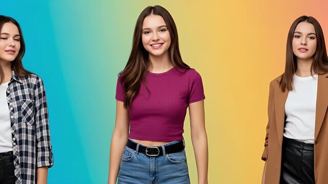 A composite shot showing three versions of the same confident young woman against a vibrant, colorful gradient background. She displays different styles&mdash;casual, trendy, and business&mdash;showcasing versati