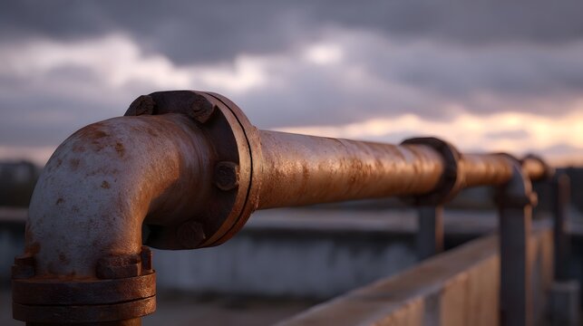 A weathered rusted industrial pipeline structure with visible flanges and bolts set against a dramatic twilight sky with clouds