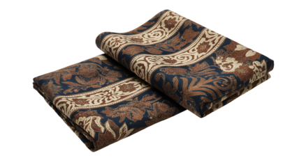 A folded fabric displays a detailed floral pattern in earthy tones.