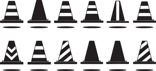 Collection of black traffic cones with white stripes and chevron patterns
