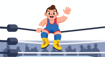 Cartoon wrestler sitting on the ropes of a wrestling ring waving.