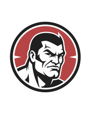 Strong, determined man's face in a red and black circular emblem, focused and intense.