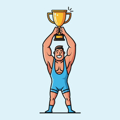Cartoon illustration of a muscular man holding a golden trophy above his head, celebrating a victory.