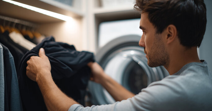 Young man loading dark clothes into front-loading washing machine in modern laundry room at home