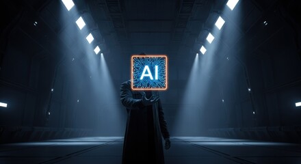 Futuristic figure in an illuminated space holding glowing sign for technology innovation and progress with digital transformation concept