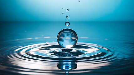 Crystal water droplet forming smooth ripples on calm blue surface
