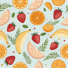 seamless pattern with fruits, Cute fruit pattern with sliced oranges, strawberries, bananas, seamless colorful kitchen background