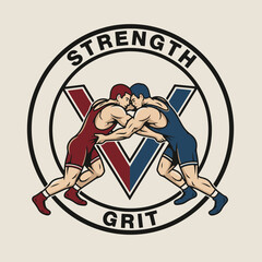 Wrestling emblem with two wrestlers and the words Strength and Grit.