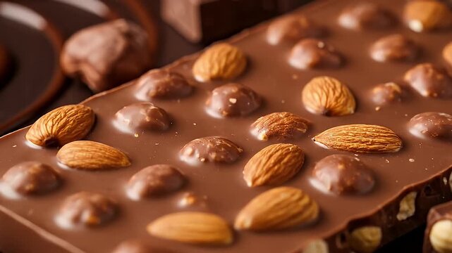 A decadent close-up of a gourmet milk chocolate bar studded with whole almonds and hazelnuts. The camera slowly glides over the glossy, rich surface, highlighting the delicious texture. In the backgro