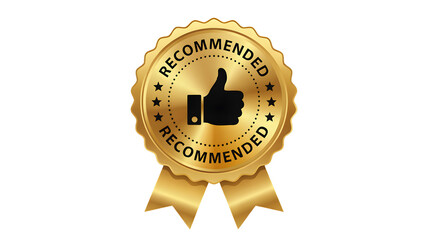 Golden medal with a thumb up signifies approval and quality.