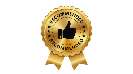 Golden medal with a thumb up signifies approval and quality.