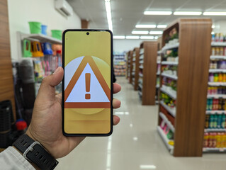 A person's hand holding a smartphone with a prominent yellow warning icon on the screen, set against the blurred background of a supermarket aisle