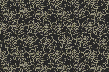 Dark seamless botanical pattern featuring detailed beige floral elements and delicate leaf motifs perfect for textiles, wallpapers, packaging, wrapping paper and modern decorative artwork.