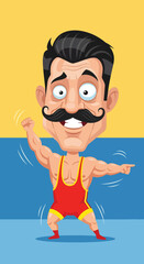 A funny cartoon caricature of a vintage strongman with a big mustache wearing a red wrestling singlet.