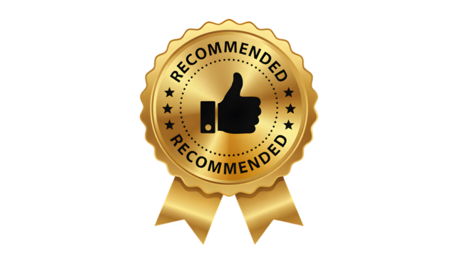 Golden medal with a thumb up signifies approval and quality.