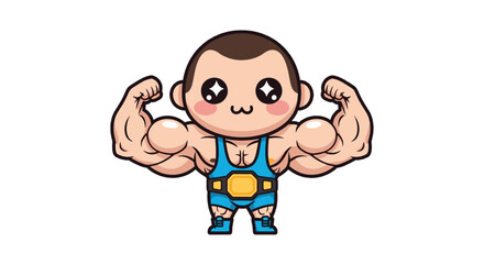 A cute cartoon wrestler flexing his huge biceps with a championship belt.