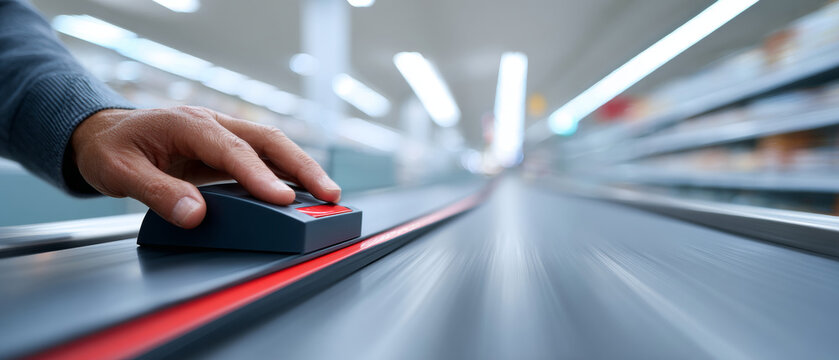 Close-up of hand pressing button on conveyor belt in modern industrial or warehouse setting with blurred background