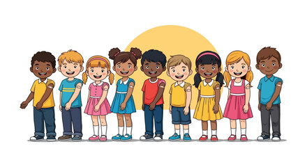 diverse happy children proudly display vaccination band-aids symbolizing successful childhood immunization and global public health initiatives.