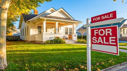 Beautiful suburban house with for sale sign in front yard during sunny day
