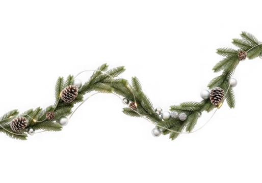 Christmas garland with pine cones and baubles isolated on transparent background