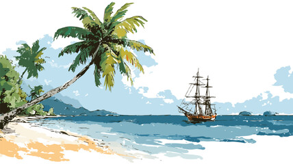 Tropical Beach Painting with Palm Tree and Ship - Relaxing Seascape Artwork