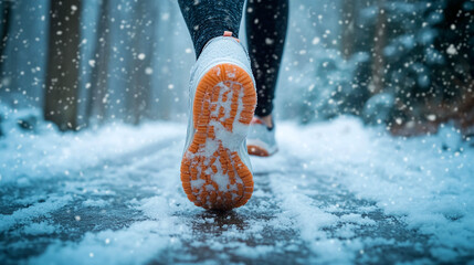 A woman in running shoes is running or walking on a snow-covered winter road at sunset, with a view of the sole of her sneaker and falling snow.