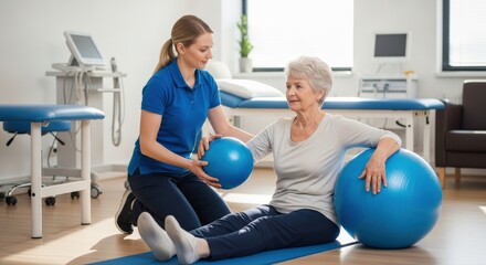 Caring physiotherapist guides a focused senior woman through gentle exercises with blue therapy balls in a modern rehabilitation clinic, promoting strength and wellness