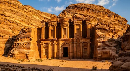 Discover the Monastery in Petra, Jordan, a dramatic architectural marvel carved into sandstone cliffs, bathed in warm sunlight for travel and cultural explorations