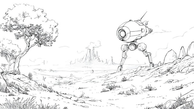 Robotic Eye Exploring Alien Landscape Vector Illustration