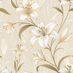 Elegant white lily pattern on a soft beige backdrop, luxury floral wallpaper