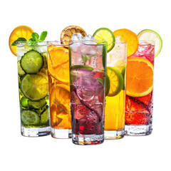 Vibrant fruit drinks on a clear background