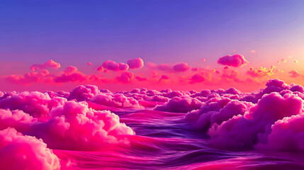 Surreal dreamy landscape with pink clouds and purple sky horizon