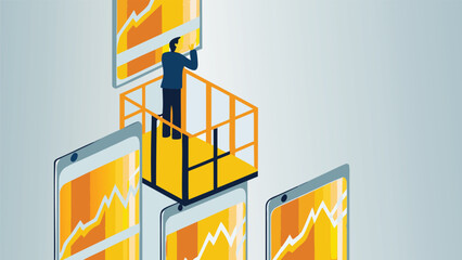 Dynamic stock market analysis banner showcasing a trader examining complex financial charts and graphs with vibrant color overlays representing data visualization and investment strategy