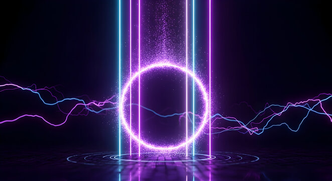 Abstract composition featuring a glowing neon circle between vertical light bars, with wavy light trails and particle effects on a dark reflective surface. - Powered by Adobe