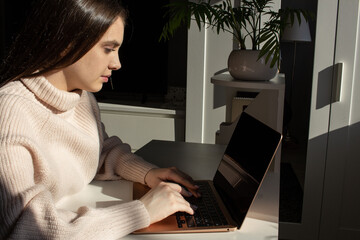 Young woman working on laptop at home office
