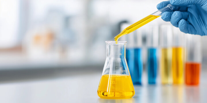 A hand in a blue glove drips liquid into a test tube in a high-tech laboratory.