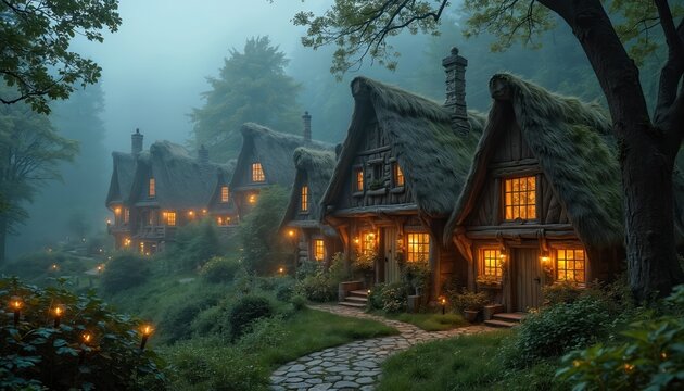 Cozy fantasy village with thatched roof cottages nestled in a misty forest. Warm light glows from windows illuminating pathways. Lush green nature surrounds the small homes.