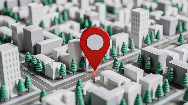 City map with red location pin marking destination point
