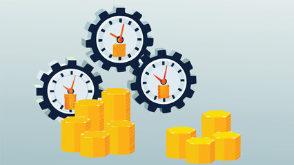 Concept of time as money with clock gears filled with gold coins symbolizing financial value and investment