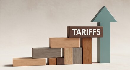 Tariffs word displayed on stacked wooden blocks creates a powerful visual of escalating global trade costs and economic impact, driven by an upward arrow