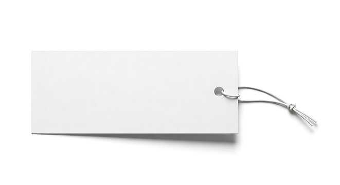 A simple white rectangular tag with a string attached on a plain white background in studio lighting