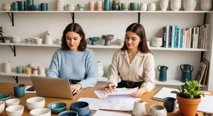 Young female entrepreneurs collaboratively design handcrafted pottery and manage their small business in a bright, modern studio filled with ceramic art