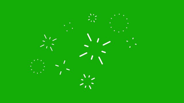 White Line Art Fireworks Burst and Dots on Green Background Keywords: fireworks, celebration, burst, explosion, spark, starburst, abstract, graphic, design, element, simple, minimalist, line art