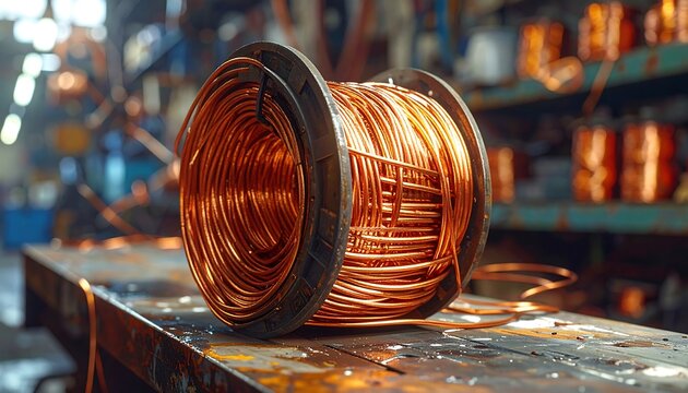 Industrial spool of copper wire sits on a workbench.