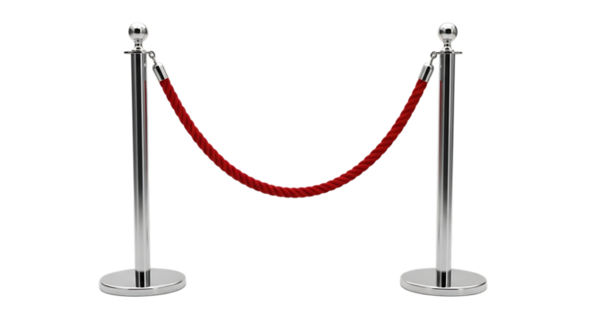 Polished chrome stanchions with red velvet rope isolated on transparent background
