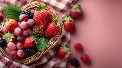 Basket of fresh berries and grapes on a checkered cloth.